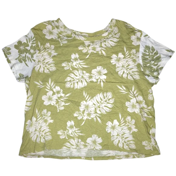 American Eagle Womens Large Floral T-Shirt Green White Hawaiian Tropical Top Tee - Picture 5 of 9